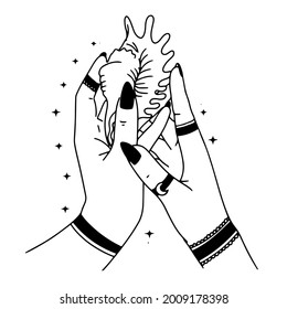 Woman Hands, Moon, Sacred Geometry Stars Isolated. The Object Of Spiritual Occultism. Vector Illustration In Black Outline Style. Esoteric Mystical Magic.