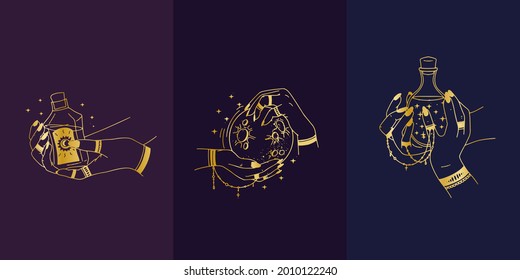 Woman hands, moon, sacred geometry stars isolated. The object of spiritual occultism. Vector illustration in golden outline style. Esoteric mystical magic.