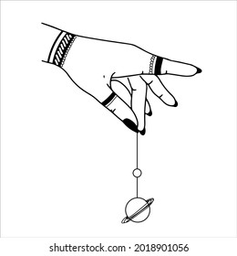 Woman hands, moon, sacred geometry stars isolated. The object of spiritual occultism. Vector illustration in black outline style. Esoteric mystical magic.