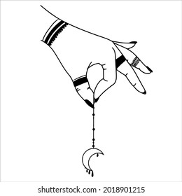 Woman hands, moon, sacred geometry stars isolated. The object of spiritual occultism. Vector illustration in black outline style. Esoteric mystical magic.
