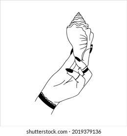 Woman hands, moon, sacred geometry stars isolated. The object of spiritual occultism. Vector illustration in black outline style. Esoteric mystical magic.