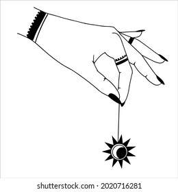 Woman hands, moon, sacred geometry stars isolated. The object of spiritual occultism. Vector illustration in black outline style. Esoteric mystical magic.