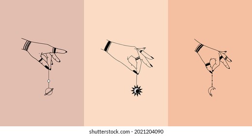 Woman hands, moon, sacred geometry stars isolated. The object of spiritual occultism. Vector illustration in black outline style. Esoteric mystical magic.