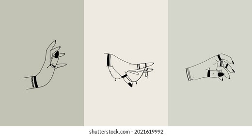 Woman hands, moon, sacred geometry stars isolated. The object of spiritual occultism. Vector illustration in black outline style. Esoteric mystical magic.