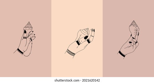 Woman hands, moon, sacred geometry stars isolated. The object of spiritual occultism. Vector illustration in black outline style. Esoteric mystical magic.