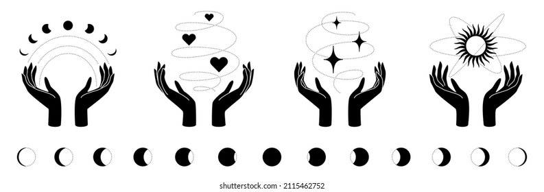 Woman hands with moons, stars, hearts and sun as symbol of beauty, care, magic, meditation, charity, faith, hope. Linear logo vector illustration for handmade, tatoo, massage, visage .