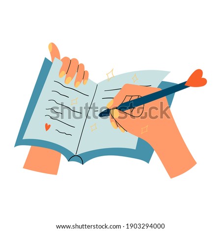 Woman hands with notepad, diary or journal writing thoughts or love letter, to do list, personal plans, goals. Isolated illustration of a pen and a notebook. Self love practice, mental health habits. 
