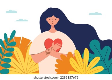 Mujer con las manos en el corazón. Concepto de amor propio. Muchacha tranquila feliz, sensación de felicidad, armonía, emociones positivas. Ilustración vectorial plana coloreada aislada en fondo blanco