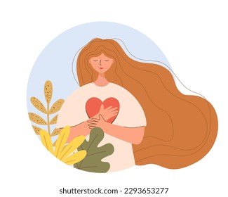 Mujer con las manos en el corazón. Concepto de amor propio. Muchacha tranquila feliz, sensación de felicidad, armonía, emociones positivas. Ilustración vectorial plana coloreada aislada en fondo blanco