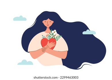 Mujer con las manos en el corazón. flores. Concepto de amor propio. Muchacha tranquila feliz, sensación de felicidad, armonía, emociones positivas. Ilustración vectorial plana coloreada aislada en fondo blanco