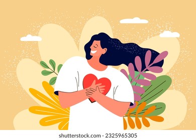 Mujer con las manos en el corazón. Concepto de amor propio. Muchacha tranquila feliz, sensación de felicidad, armonía, emociones positivas. Ilustración vectorial plana coloreada aislada en fondo blanco