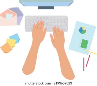 Woman hands on keyboard, workspace with blank, diagram, flat illustration, postal envelopes, pencils, stickery
