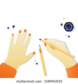 Woman hands on the table. Top view of the hands. Inks and brushes for lettering. Bamboo set for arabic calligraphy. Bright manicure.1