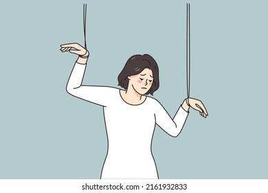 Woman with hands on threads being marionette in someone hands. Female puppet in controlling and manipulating relations. Abuse and manipulation. Vector illustration. 