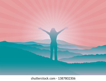 Woman with hands up on the top of mountain. Woman silhouette with raised arms. Vector illustration.
Blue Ridge Mountains, North Carolina, USA.