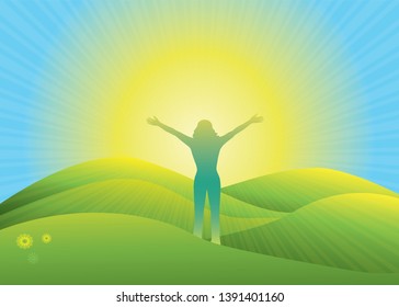 Woman with hands up on the top of mountain. Sunrays illuminating meadows. Girl silhouette with raised arms. Vector illustration. 
Blue Ridge Mountains, North Carolina, USA.