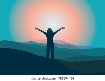Woman with hands up on the top of mountain. Girl relaxing on vacation. Vector illustration. Blue Ridge Mountains, North Carolina, USA.