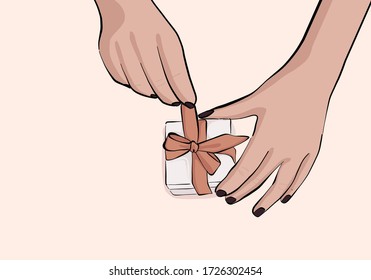 Woman Hands Opening Jewelry Wrapped Gift With Bow. Present Cartoon Illustration, Holiday Design With Surprise, Marriage Proposal Box, Giveaway Cartoon Vector  Illustration .