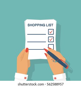 Woman hands paper sheet with shopping list. Template for product purchase. Female hold blank with mark. Vector illustration flat design. Isolated on background. Inventory check.