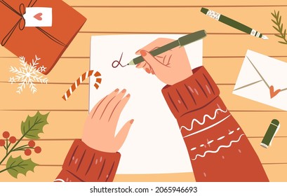 Woman hands with pen writing letter to Santa. Top view. Cozy Christmas illustration. Flat vector design.
