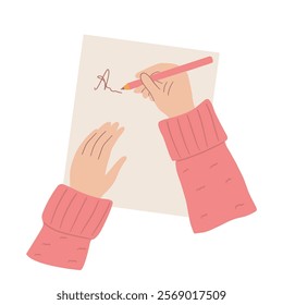 Woman hands with pen writing letter on a paper sheet. Top view. Vector illustration of a woman writing on a sheet of paper with a pencil