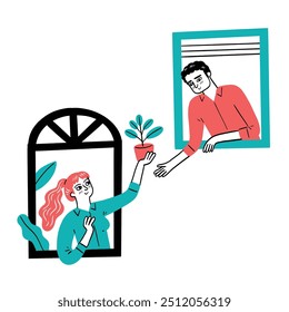 Uma mulher entrega uma planta em vaso a um homem através de uma janela, simbolizando conexão e compartilhamento. Esta ilustração capta o calor e o espírito comunitário de intercâmbios amigáveis.