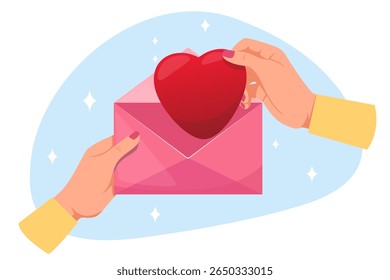 Woman hands pull out red heart. Symbol of love and passion. Romantic letter receive. Mailing envelope in arms. Send correspondence. Valentine card. Charity donation