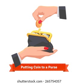 Woman hands putting coin to a black purse. Flat style vector illustration.