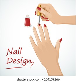 Woman hands putting a varnish on nails. Vector image of a woman hands applying a varnish on nails