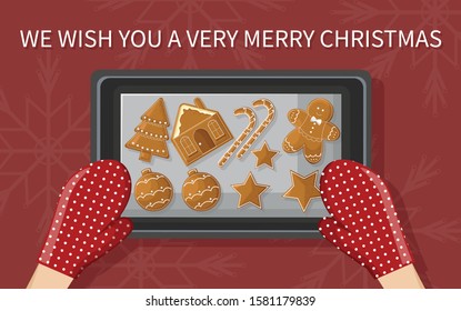 Woman hands with red baking gloves holding freshly baked gingerbread cookies. Snowflakes on background. Holiday vector