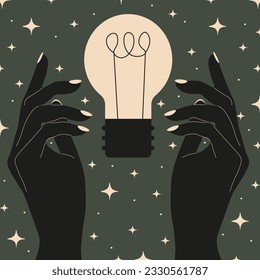 Woman Hands in retro styled with Edison's light bulb between them. Concept of Big Idea. Creative poster or t-shirt print. Vector illustration.