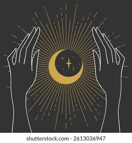 Woman hands with shiny celestial crescent moon. Magic and sorcery. Vector illustration