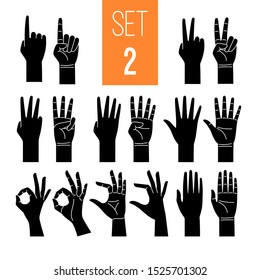 Woman hands showing gesture glyph icons set. One, two, three, four, five numbers symbol. Arm pointing with index finger isolated clipart on white background. OK symbol. Nonverbal language