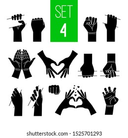 Woman hands showing gestures black illustrations set. Arm holding bar, stick, bus handrail isolated cliparts on white background. Love and peace symbols pack. Nonverbal language design elements