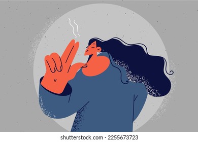 Woman with hands smoking gesture show bad habit. Female smoker hold fingers as cigarette. Nonverbal communication. Vector illustration. 