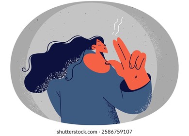 Woman with hands smoking gesture show bad habit. Female smoker hold fingers as cigarette. Nonverbal communication. Vector illustration.