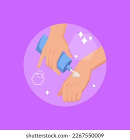 Woman hands squeeze cream from blue tube flat style, vector illustration isolated on purple background. Round shape, design element, cosmetic product, daily beauty routine