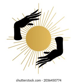 Woman hands with the sun. Wicca, alchemy, mystical, magic, celestial, esoteric, sacred, spiritual, occultism inspired concept. Witch hands. Hand drawn vector