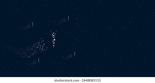 A woman with hands up symbol filled with dots flies through the stars leaving a trail behind. There are four small symbols around. Vector illustration on dark blue background with stars