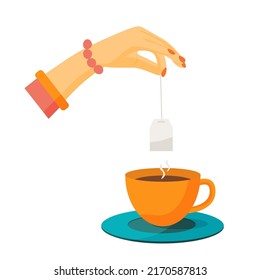 Woman hands with tea bag in cup warm tea. Female arm isolated on white background. Morning routine concept. Vector flat illustration