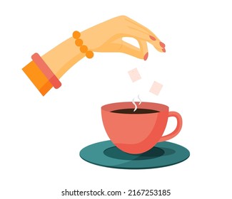 Woman hands throws sugar cubes in cup warm coffee. Female arm isolated on white background. Morning routine concept. Vector flat illustration