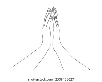 Woman hands together for saying sorry or praying. Black and white vector illustration in line art style.