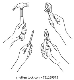 Woman hands with tools. Vector hand drawn illustration