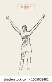 Woman with hands up. Victory, glory. Hand drawn vector illustration, sketch