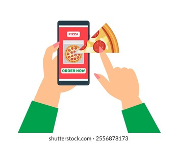 woman hands using smartphone to order a pepperoni pizza online delivery app vector illustration