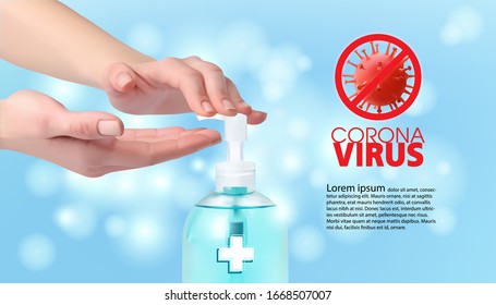 Woman hands using wash hand sanitizer gel dispenser, against coronavirus.