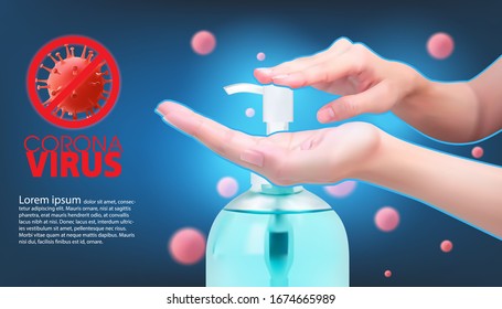 Woman hands using wash hand sanitizer gel dispenser, against coronavirus.