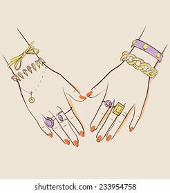 woman hands wearing jewelry vector illustration eps 10