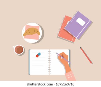 Mujer escribiendo con las manos en un cuaderno o Estudiante haciendo deberes. Concepto de escribir diario, mensaje para ti mismo, objetivos. Acogedor escritorio con taza de té y galletas. Ilustración vectorial colorida de dibujos animados planos.