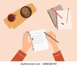 Woman hands writing text in notebook. Concept of writing diary, message to yourself, goals. Cozy desk with cup of tea and cookies. Flat cartoon colorful vector illustration.